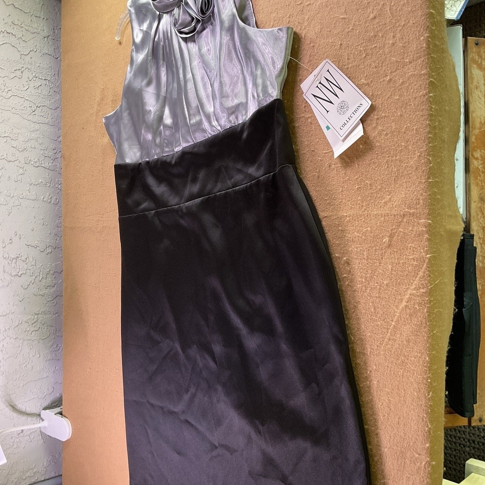 NW Collections Womens Size 16 Silver Black Satin Rosette Ruffle Cocktail Dress